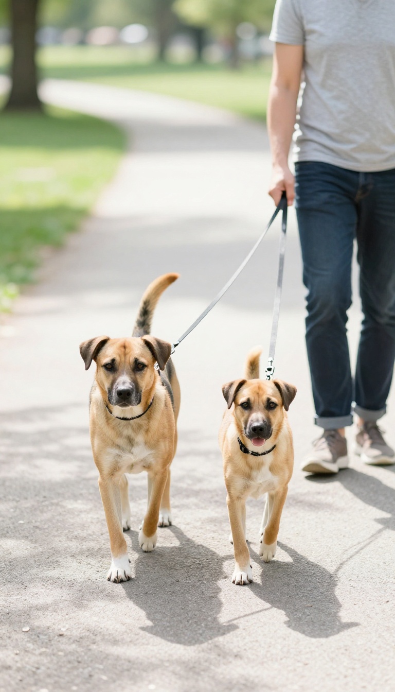 A calm dog walking politely past another dog on a sunny park path, with loose leash and relaxed handler.