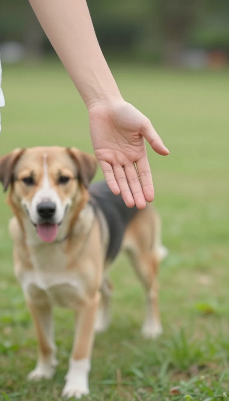 Person giving a consistent hand signal to a dog during heel training in a sunny park