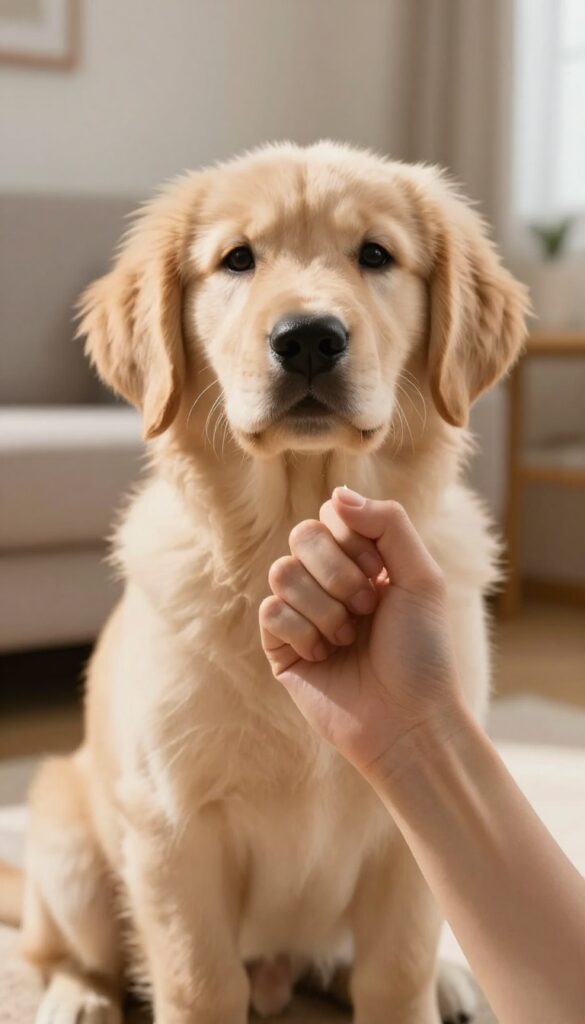 A hand holding a closed fist with a treat, a puppy sitting patiently in front, demonstrating a 'leave it' training exercise.