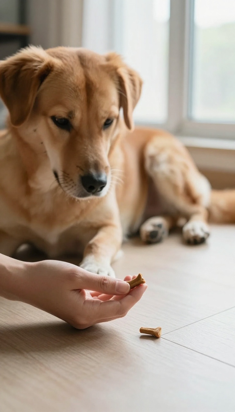 Dog in a sit position looking down at a treat on the floor, ready to lie down