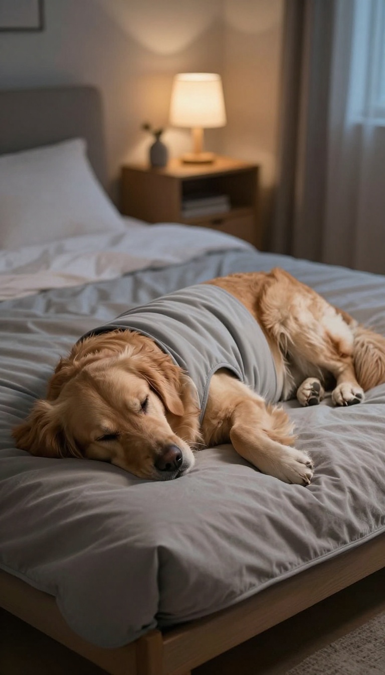 A calm golden retriever wearing a gray calming wrap, lying peacefully on a dog bed in a softly lit bedroom at night.