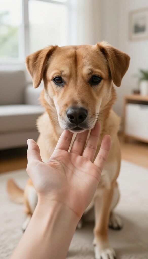 A dog touching a hand target with its nose in a bright living room