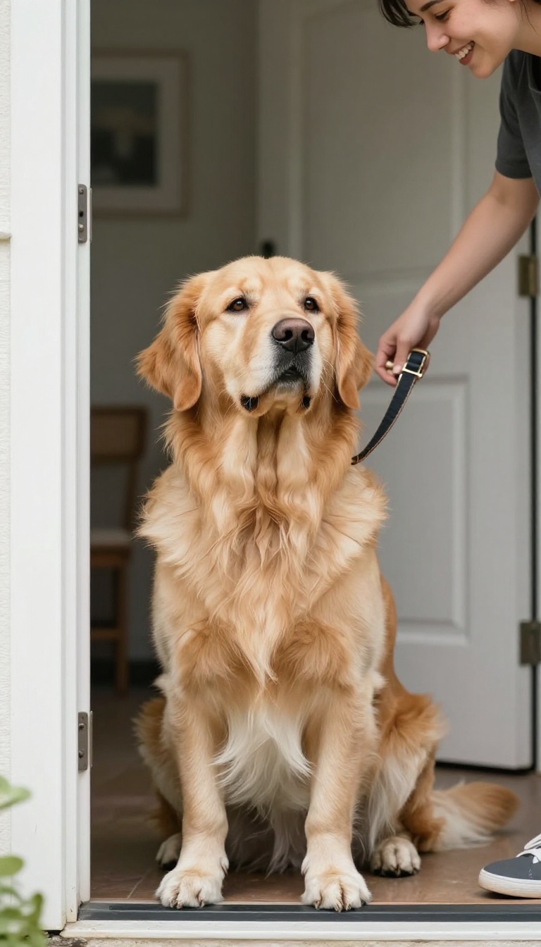 A dog sitting calmly by the front door as a guest enters, demonstrating a polite greeting.