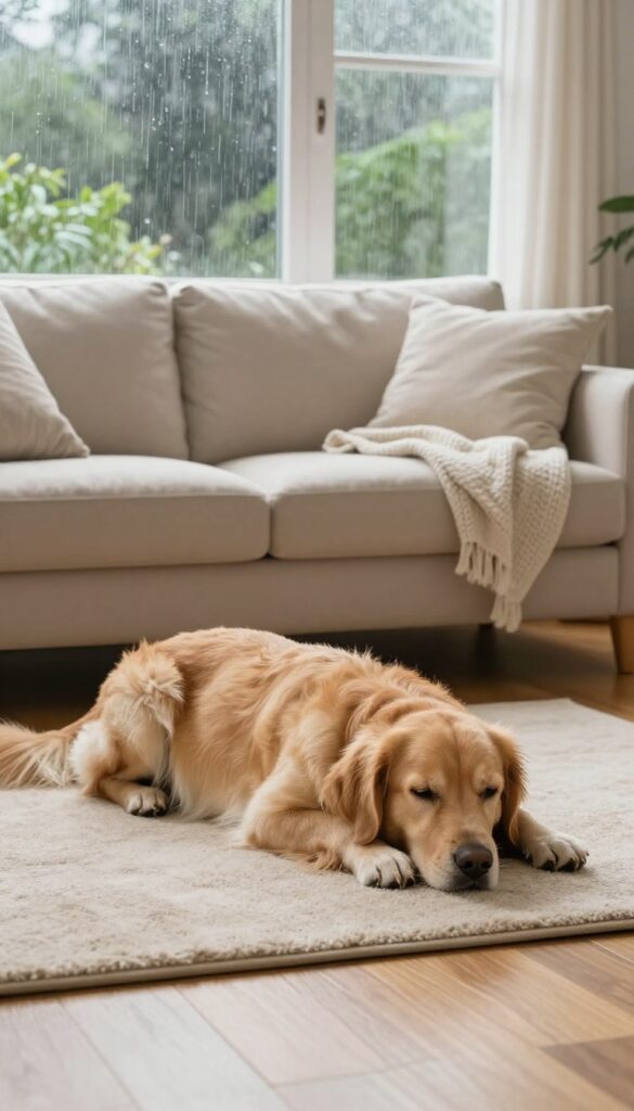 Golden retriever lying calmly on a mat in a cozy living room on a rainy day, illustrating the 'settle' command for dogs.