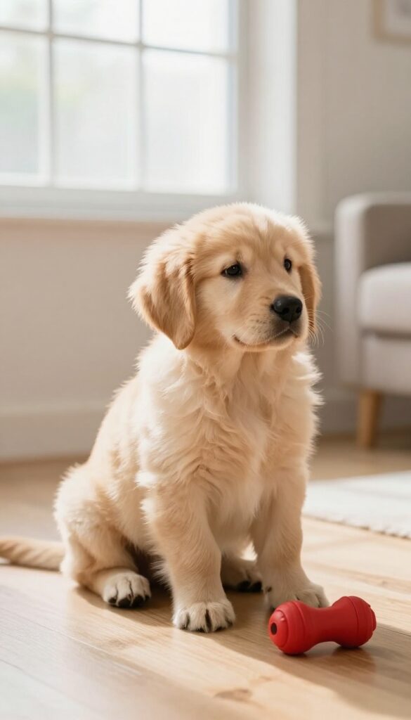 Golden retriever puppy ignoring a red toy on a wooden floor in a bright room
