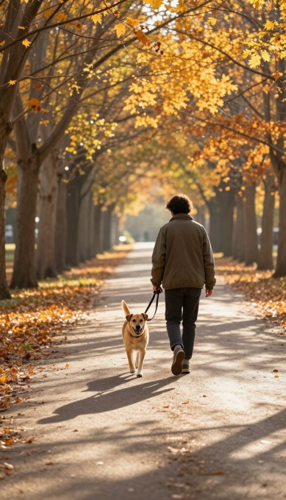 Person walking a dog on a sunlit autumn path with golden leaves