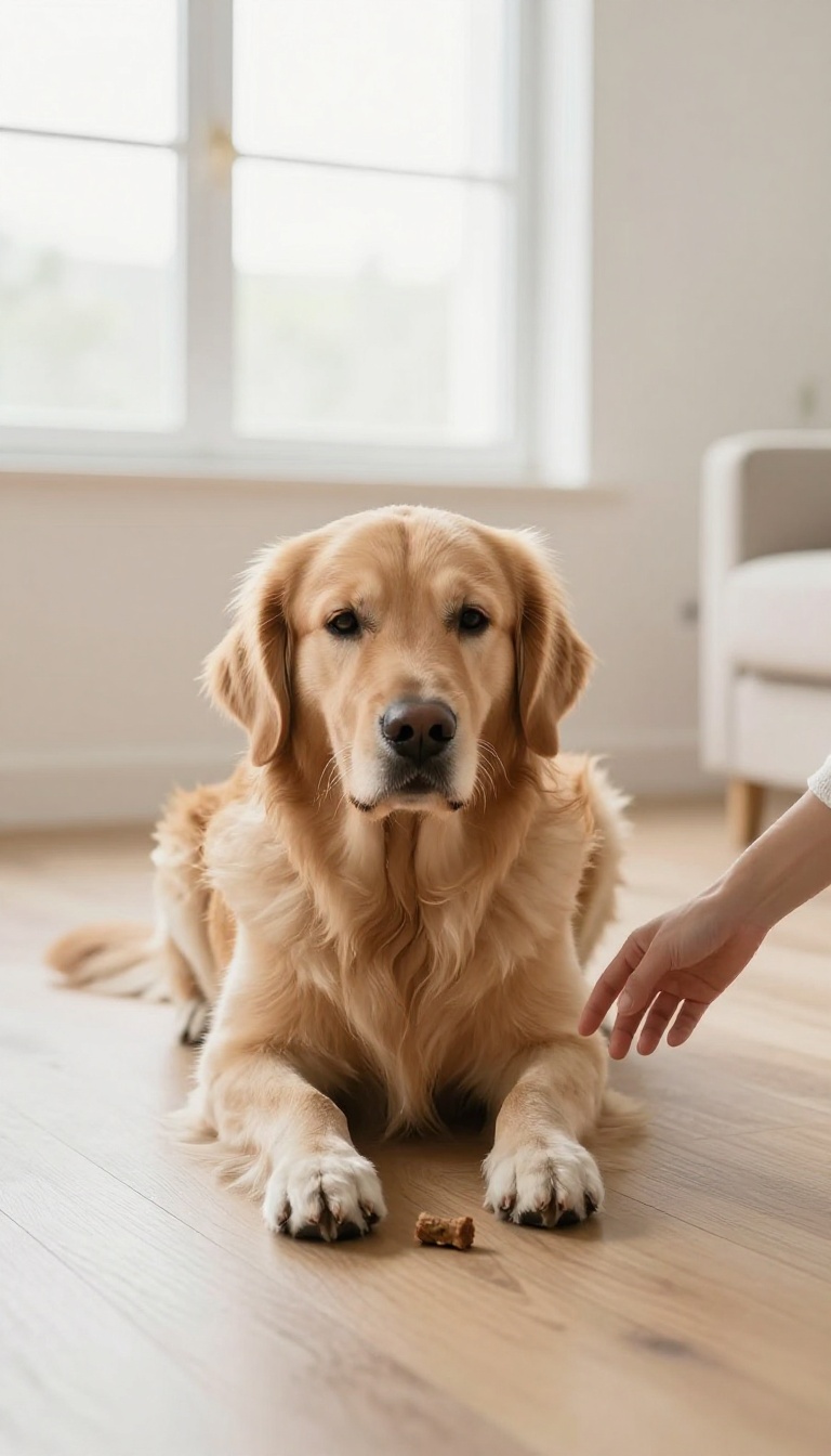 Dog in a stay position with a treat on the floor, demonstrating impulse control during training