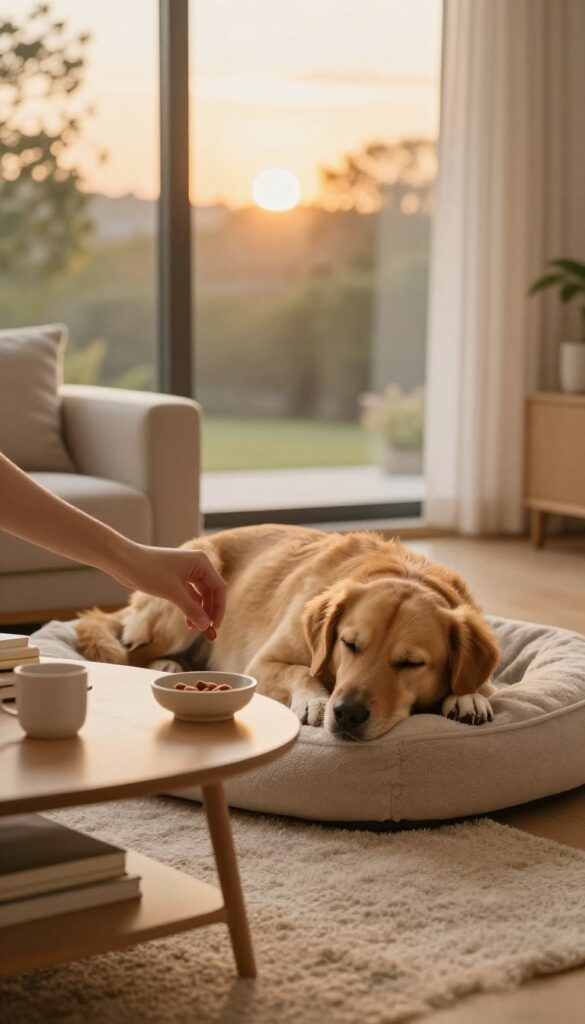 A calm dog lying on a bed in a cozy living room, with a person gently giving it a treat from a bowl on the coffee table, capturing a peaceful training moment.