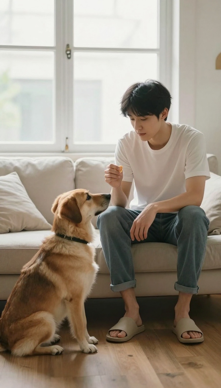 A dog and owner practicing heel training in a quiet, sunlit living room.