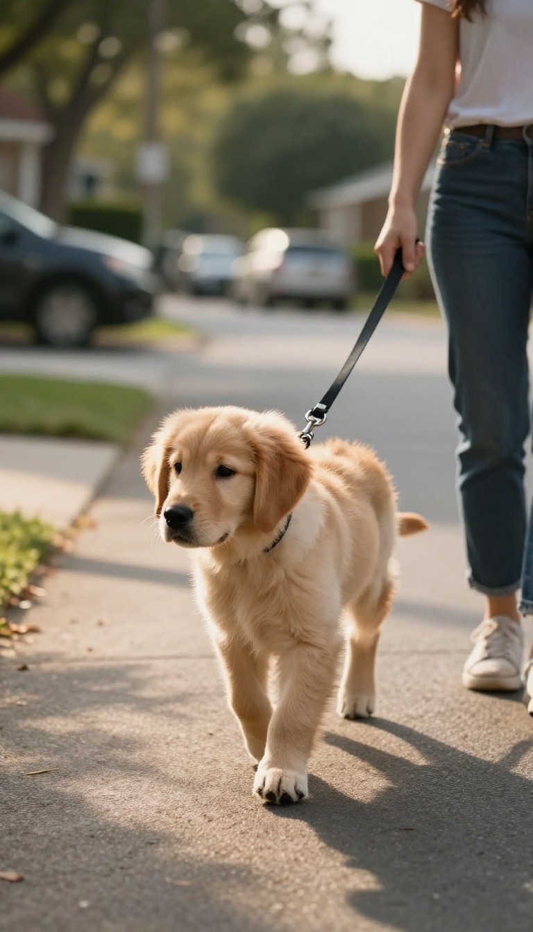 A golden retriever puppy walking calmly on a loose leash with its owner on a quiet residential street, demonstrating relaxed walking in a new environment.