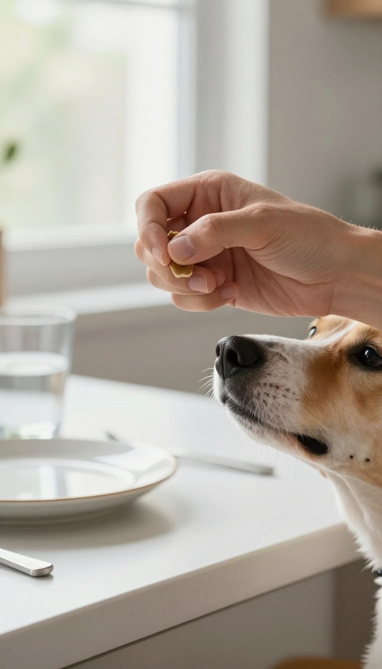 A dog training session at a kitchen table, practicing the 'leave it' command with a treat in a closed fist.