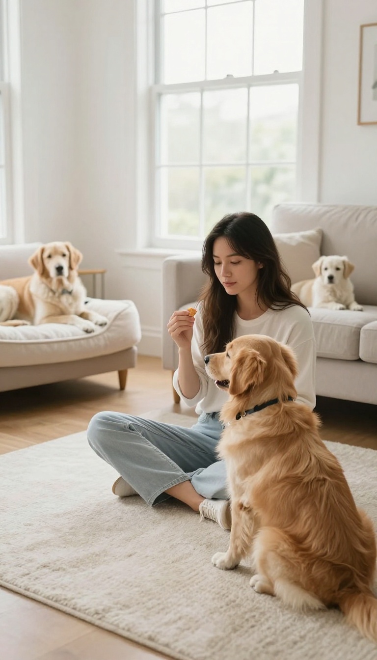 A woman training one dog individually while other dogs relax in the background