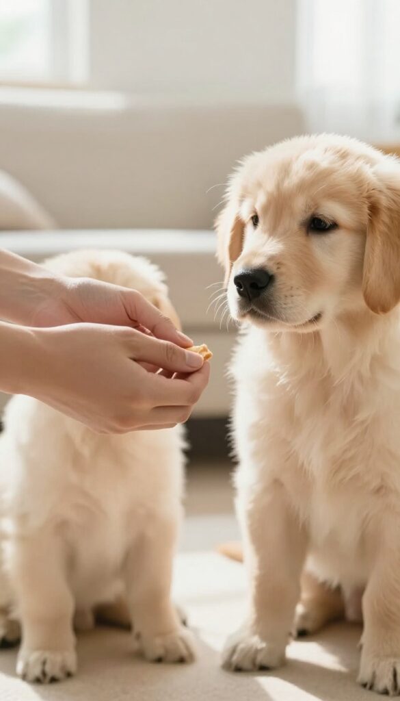 Hands holding a treat while a puppy waits patiently, illustrating the hand swap game for dog training.