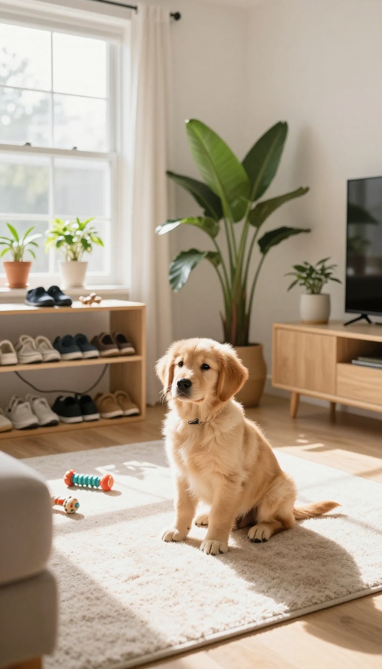A puppy in a puppy-proofed living room with shoes on a high shelf, cords tucked away, and plants elevated.