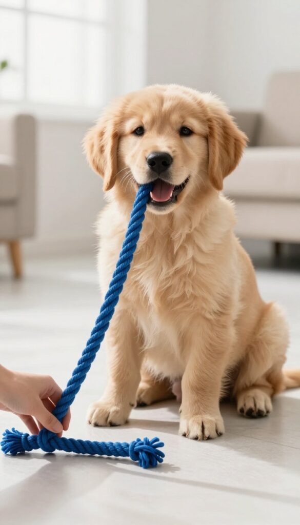 Puppy playing the two-toy tango game with two identical blue rope toys on a sunlit floor.