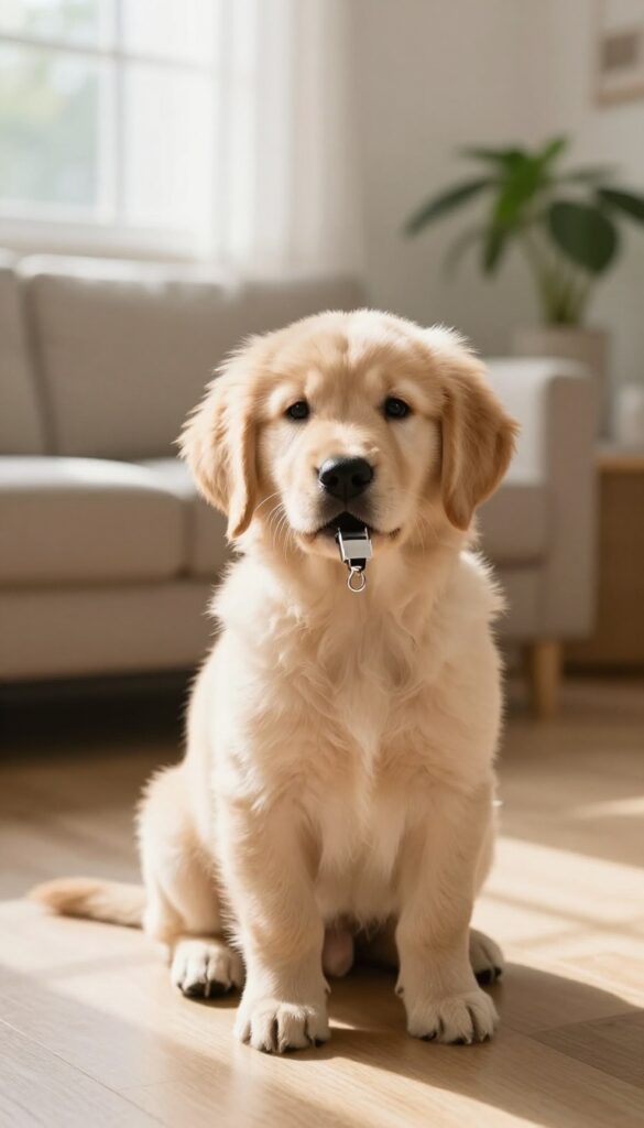 Golden retriever puppy holding a whistle in a bright living room, looking attentive
