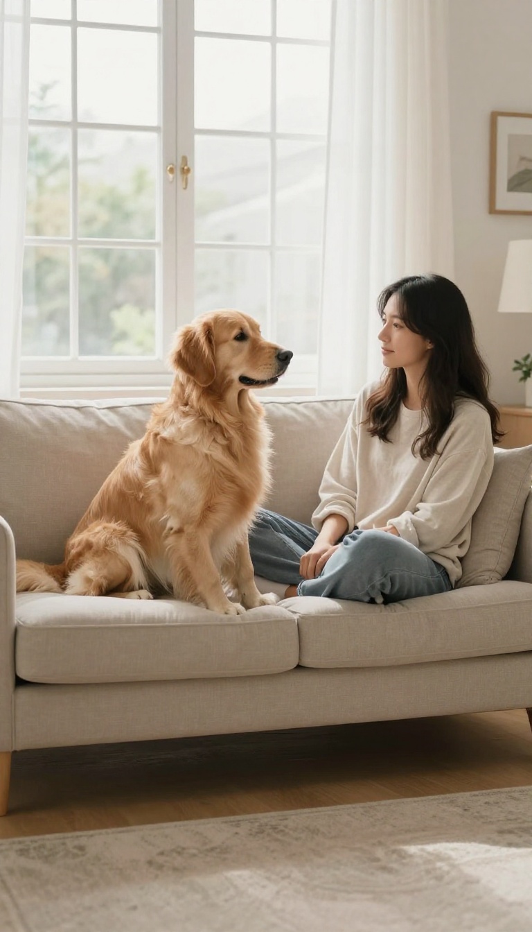 Dog sitting on its bed while owner watches from sofa, illustrating consistent training rules.