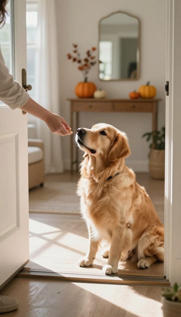 Owner rewarding calm dog near front door with treat
