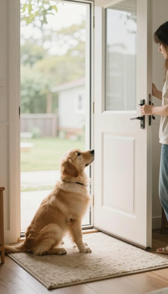 A patient owner calmly guiding a puppy to the door for a potty break in a bright, clean living room.