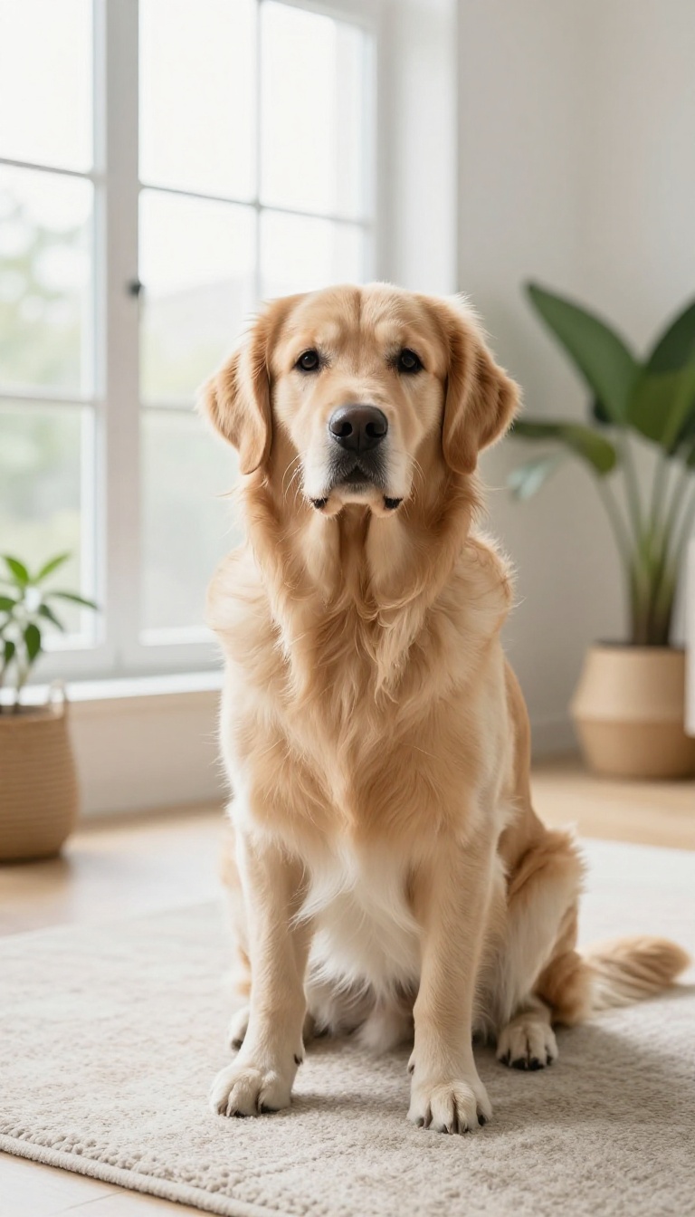 A golden retriever sitting calmly in a bright living room, demonstrating a stay command.