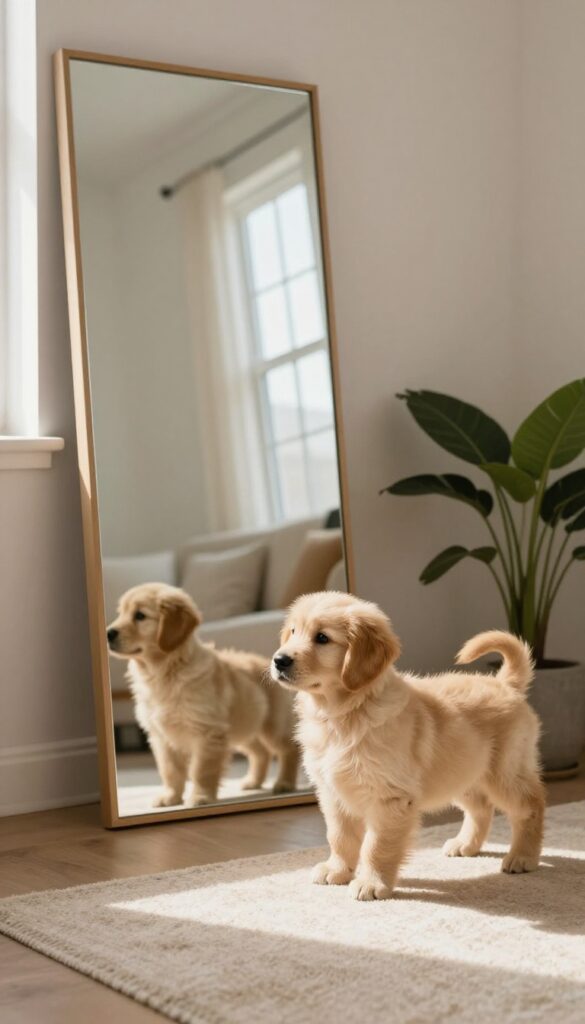 A curious puppy looking at its reflection in a full-length mirror in a bright living room
