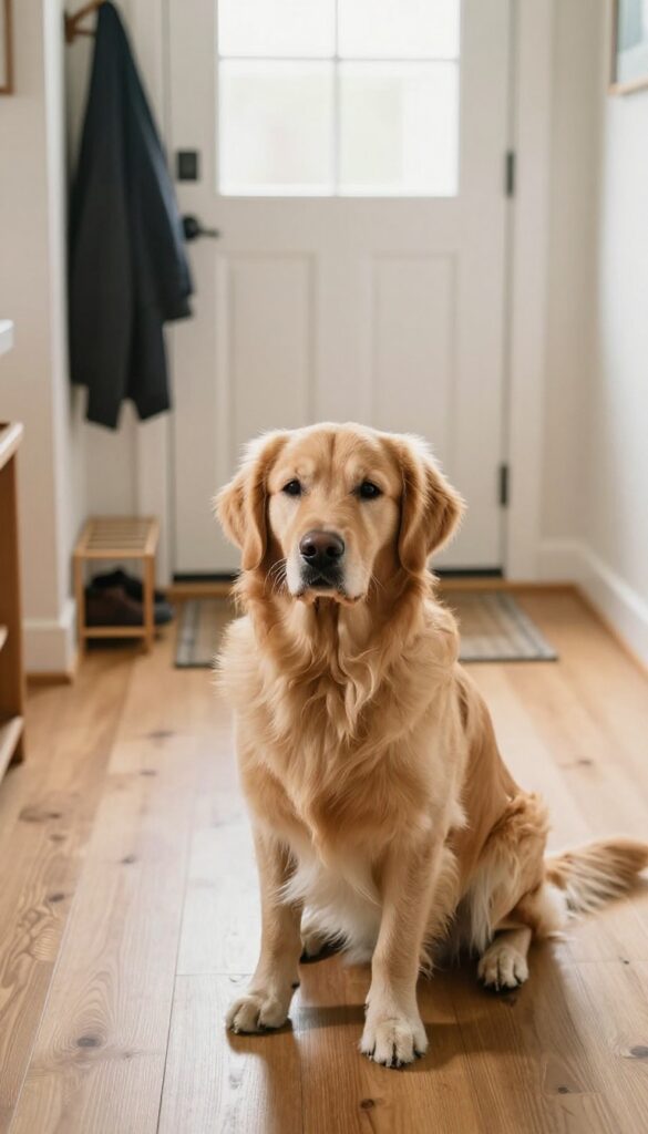 Calm dog sitting patiently by the front door in a bright, orderly entryway