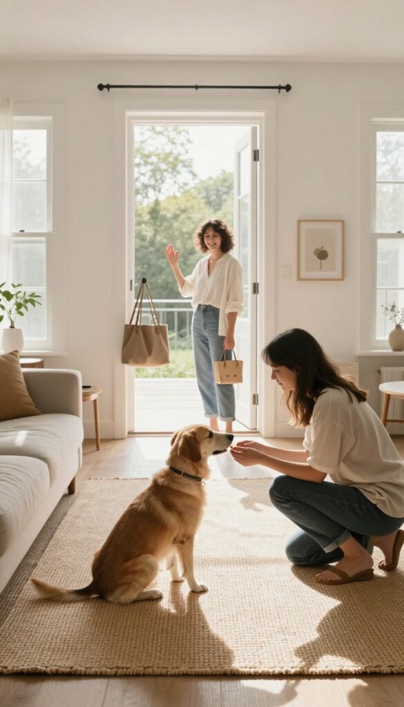 Dog calmly sitting while a friend plays a fake guest at the door, with a person rewarding the dog with a treat