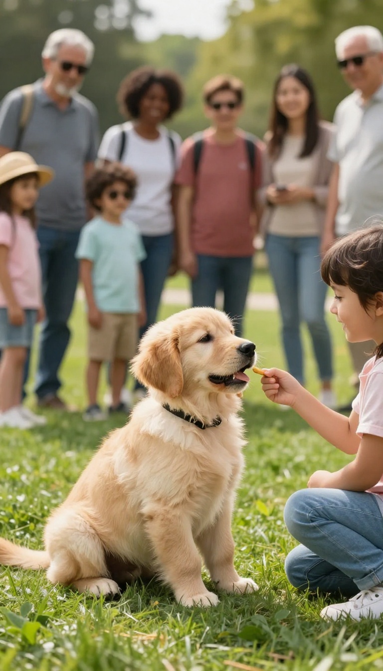 A golden retriever puppy socializing with a diverse group of people in a sunny park.