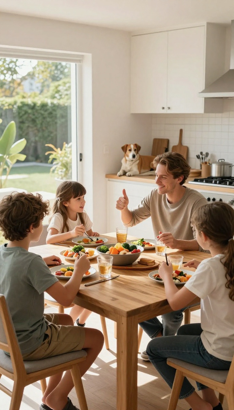Family eating at a table while a dog rests calmly on its bed, illustrating consistent training