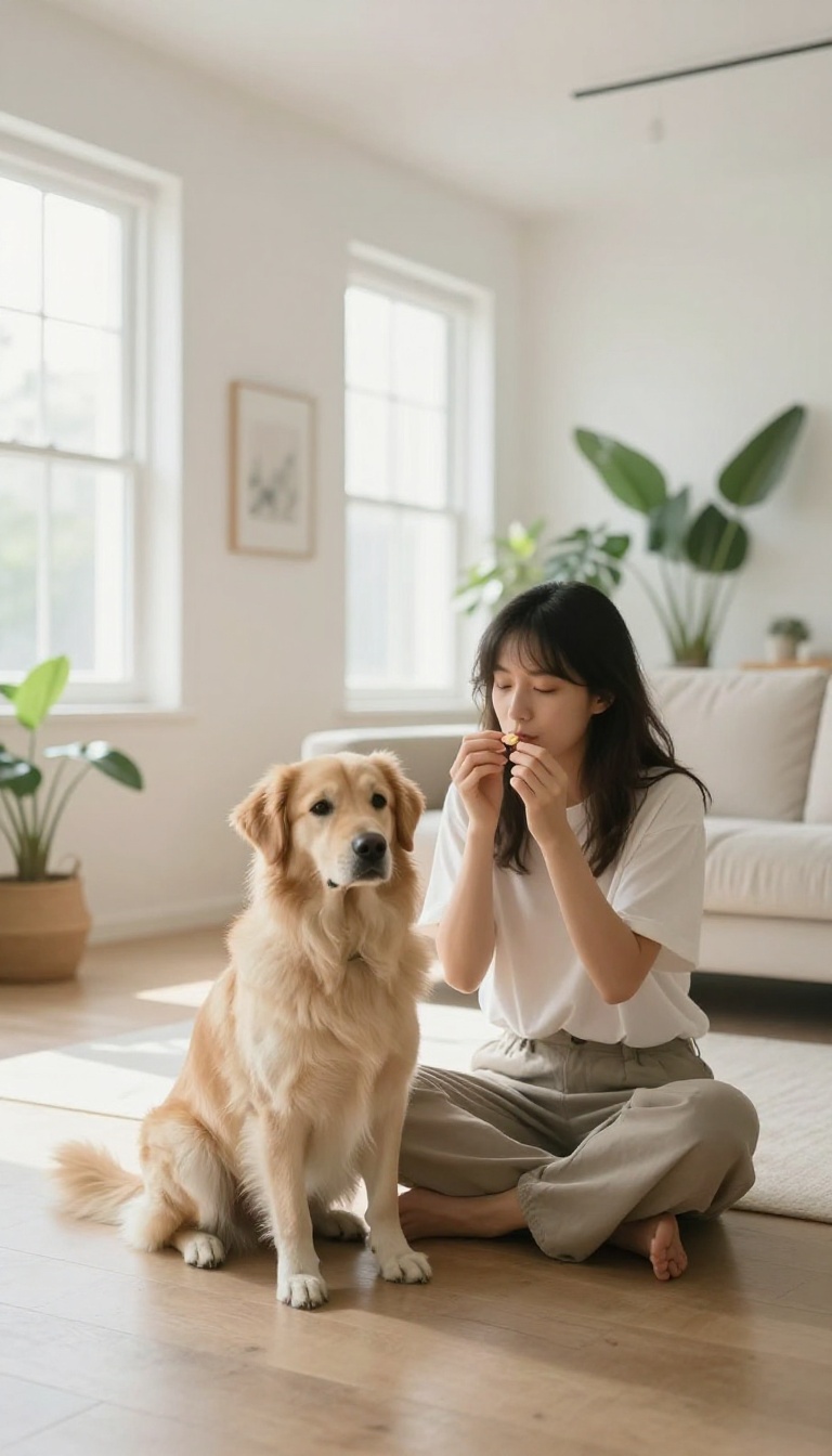 Person training a dog to make eye contact with a treat near their face in a bright living room.