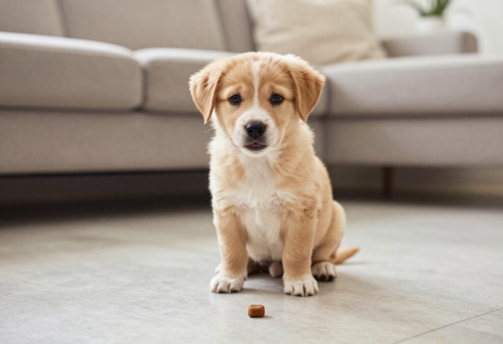 Puppy sitting in a stay position with a treat on the floor