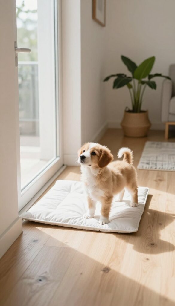 Puppy standing on a training pad near a door in a bright living room