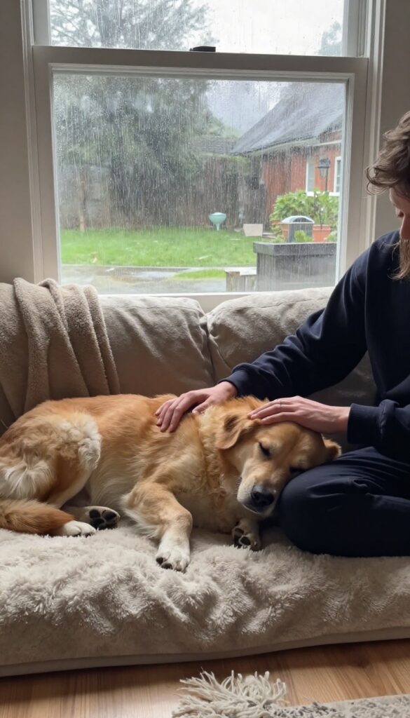 Person giving a calm dog a gentle massage in a cozy living room on a rainy day