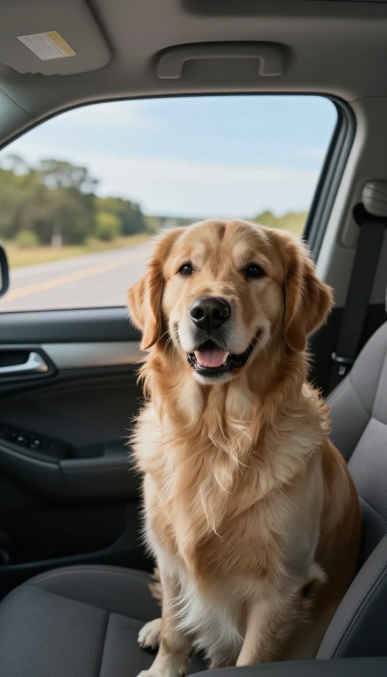 Golden retriever enjoying fresh air from a partially open car window during a peaceful drive.
