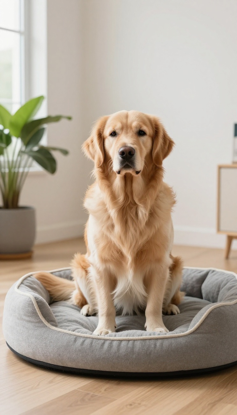 Golden retriever sitting calmly on a dog bed in a bright living room corner