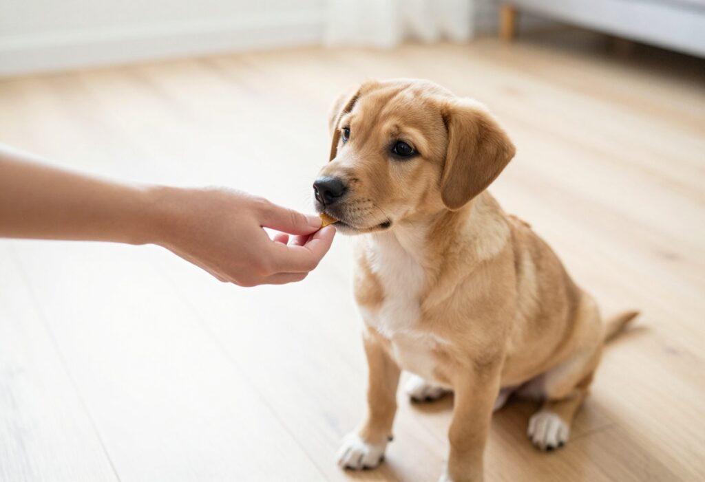 Puppy sitting and looking at a treat in a person's hand during training