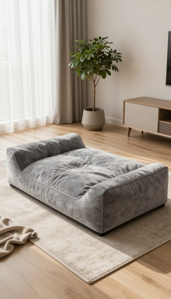 Large orthopedic memory foam dog bed in a bright living room, with a big dog stretching out comfortably