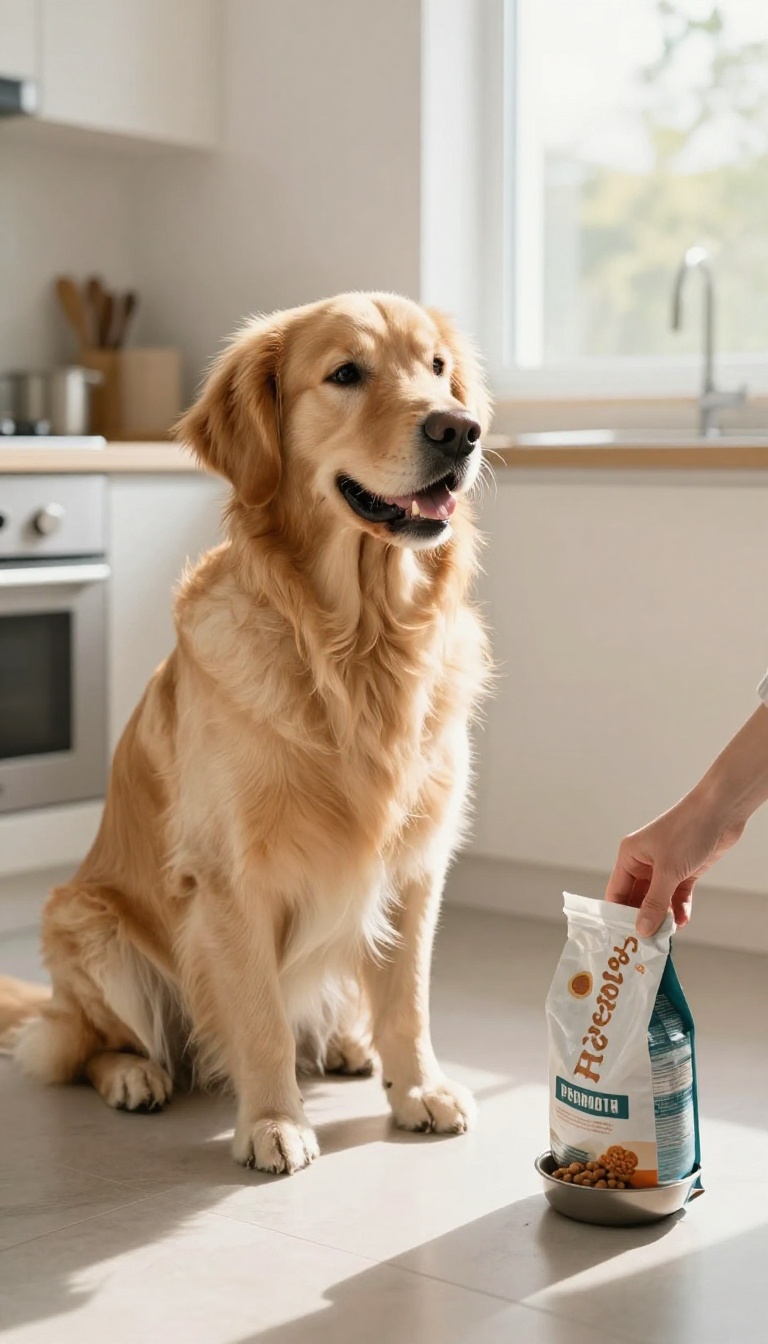 A dog sitting patiently during meal prep in a bright kitchen