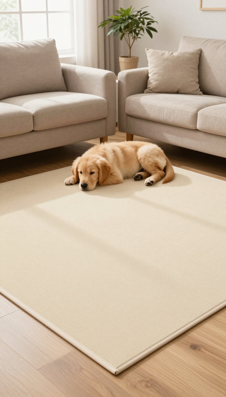 Golden retriever puppy lying calmly on a beige mat in a bright living room