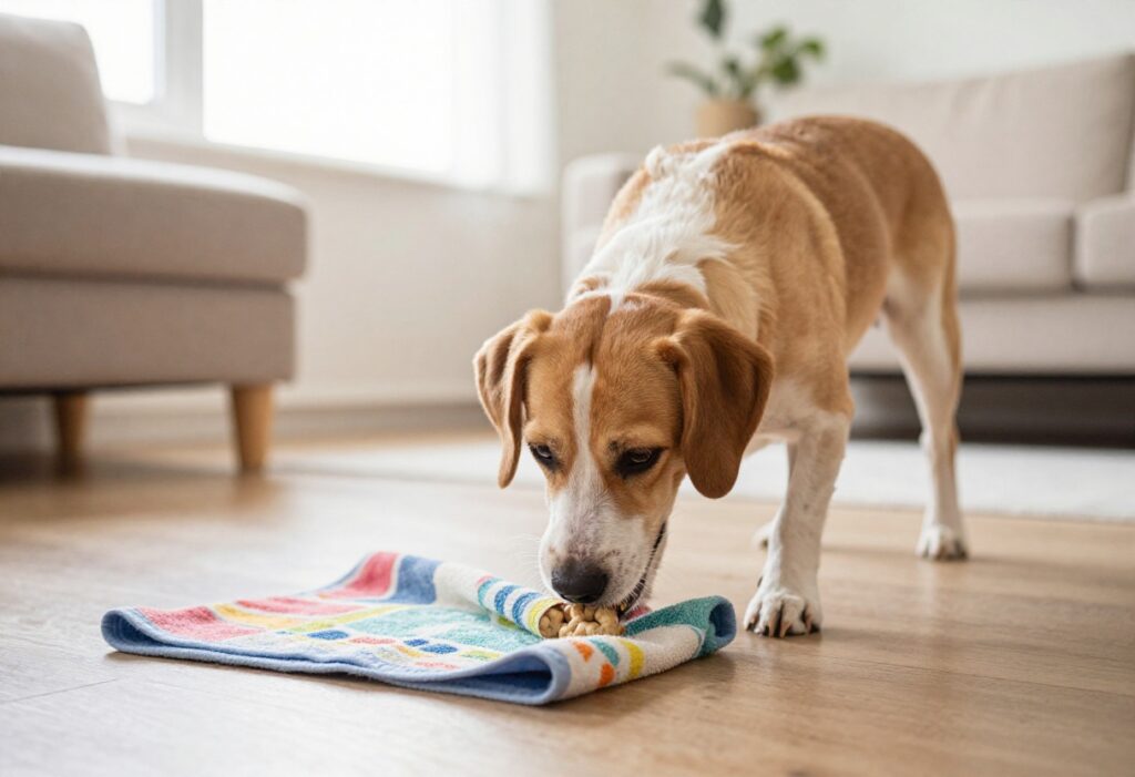 Dog playing a scent game with a towel and treats indoors