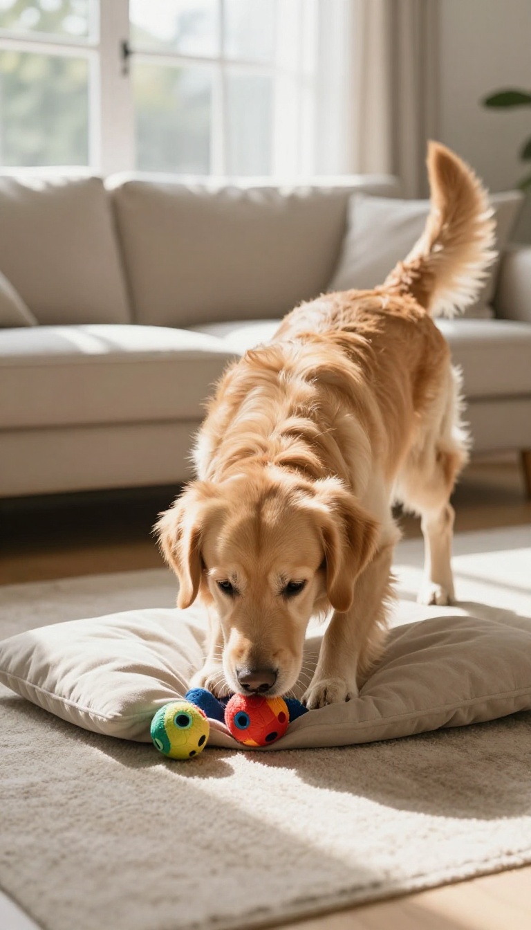 Golden retriever sniffing out a toy hidden under a cushion in a bright living room