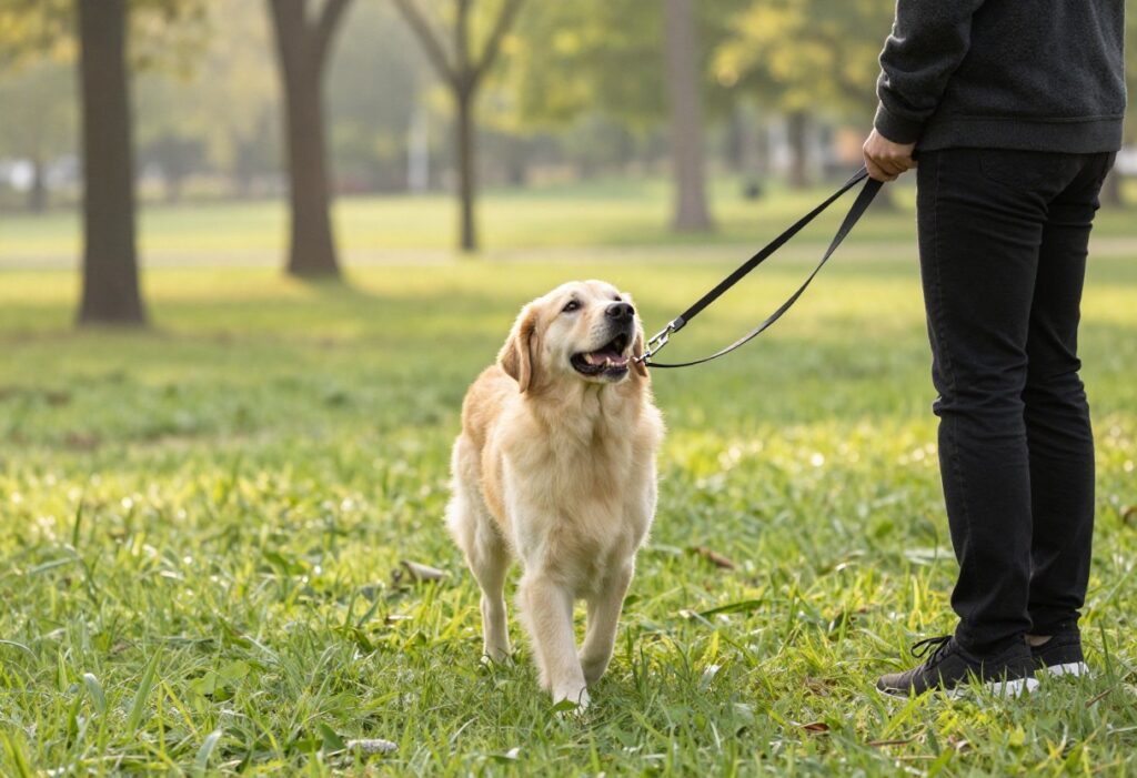Dog walking calmly on a leash in a park, looking up at its owner