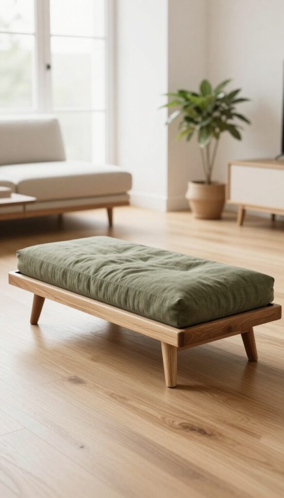 Mid-century modern wooden dog bed with angled legs and olive tufted cushion in a bright living room
