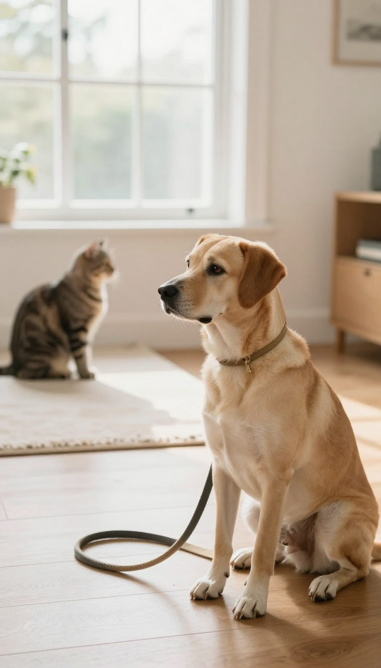 A calm dog on a leash observing a cat from a distance in a bright living room, illustrating desensitization training.