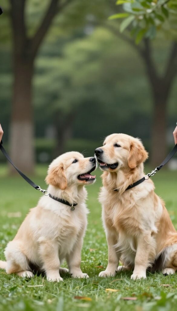 Puppy meeting a friendly adult dog in a park