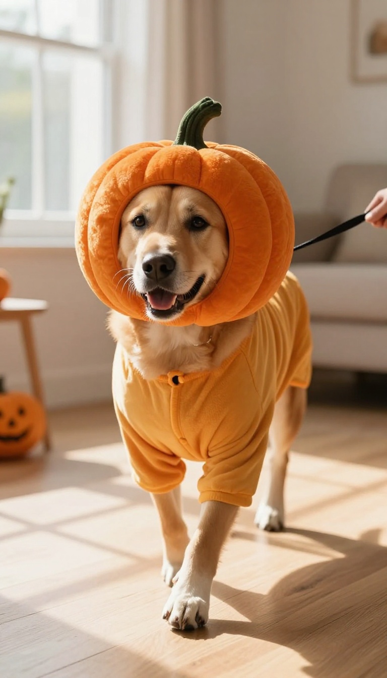 Dog walking in a Halloween costume indoors, receiving a treat during training