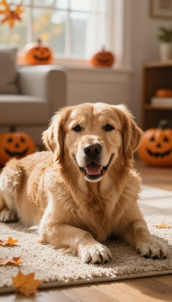 Tired dog resting on a rug after exercise, with a leash and ball nearby, in a cozy living room with subtle Halloween decor