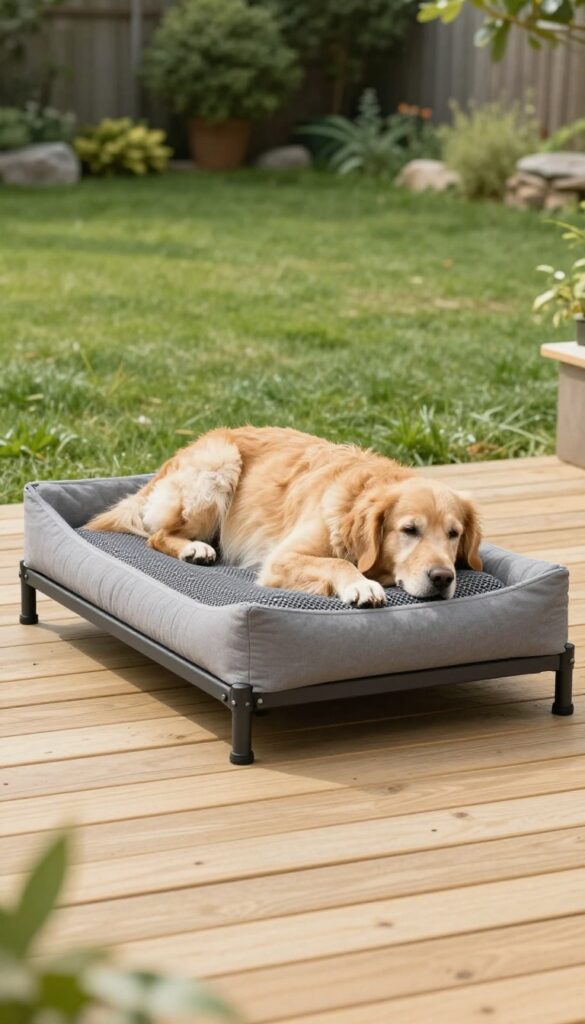 Senior dog resting on an elevated memory foam bed with breathable mesh in a sunny backyard