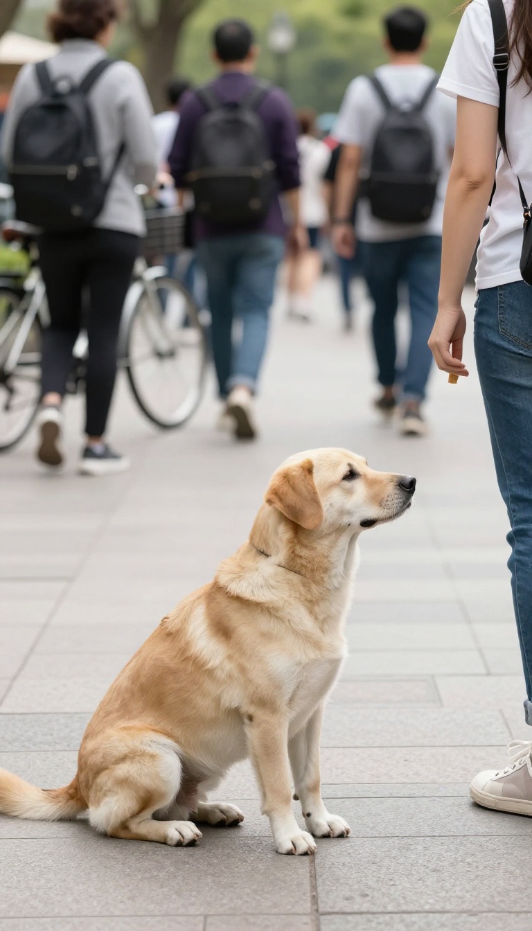 Dog practicing stay command in a busy park setting