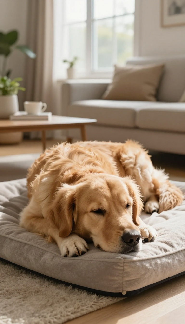 A calm dog resting on a comfortable bed in a sunlit living room, illustrating the settle command.